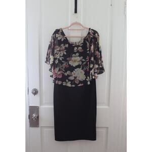 Women's Connected Appeal Black Dress Knee Length with Over Lay with flowers